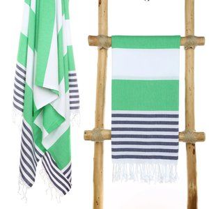 4 Green Navy Blue Striped Beach Bath Towels - 100% Turkish Cotton